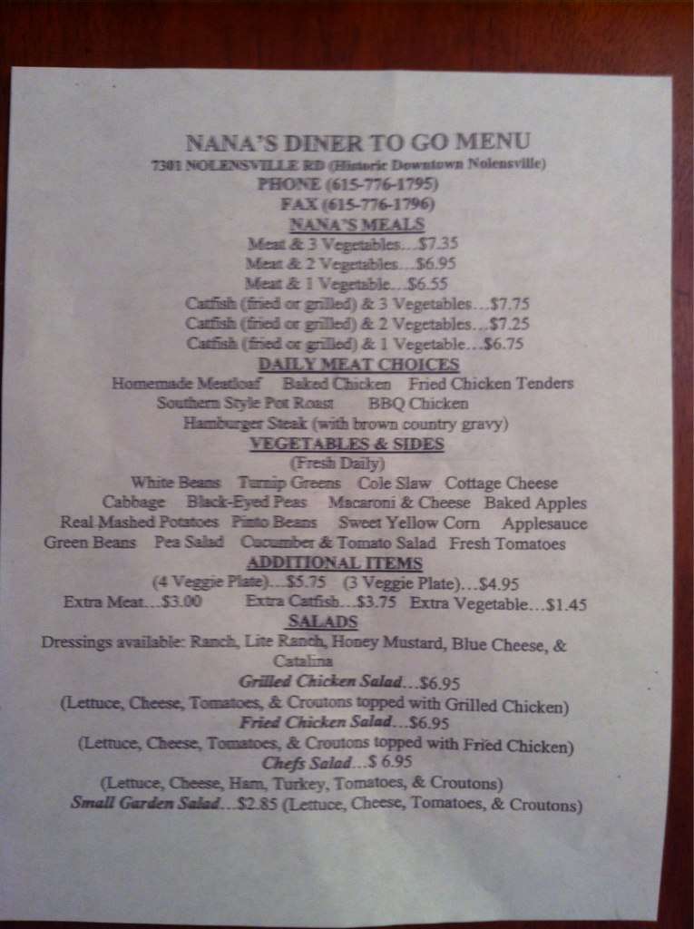 Nana's Meat and Three Menu Urbanspoon/Zomato