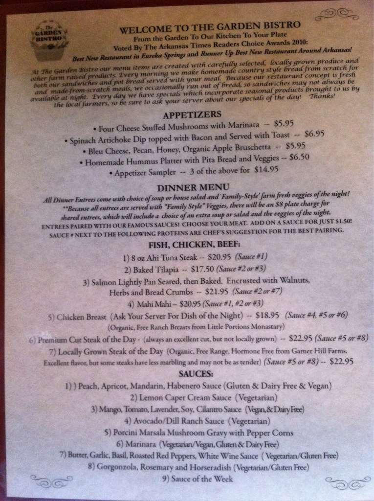 Garden Bistro Menu, Menu for Garden Bistro, Eureka Springs, Eureka