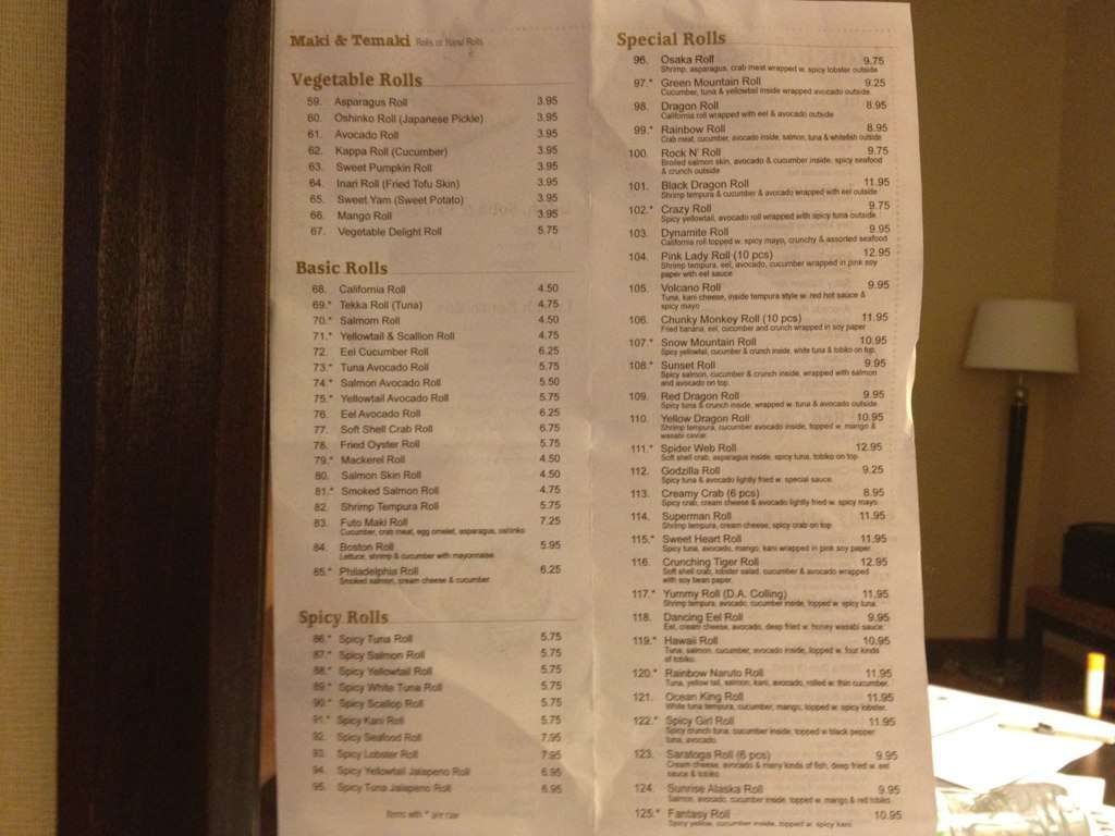 Menu at Osaka Asian Fusion Inc restaurant, Saratoga Springs