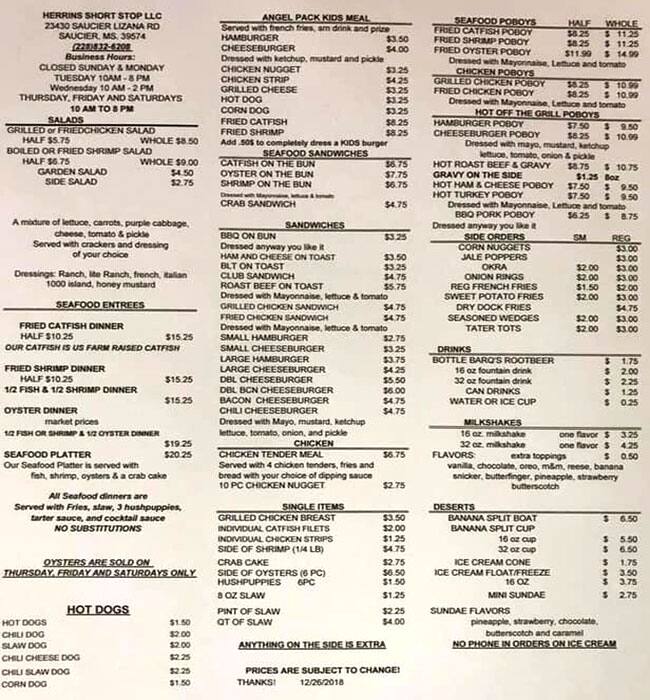 Menu at Herrin's Short Stop restaurant, Saucier