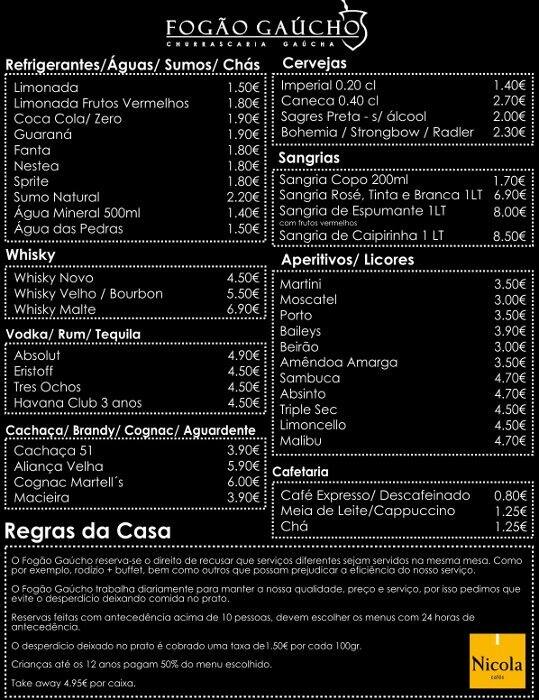Menu em Fogão Gaúcho churrascaria, Carregado