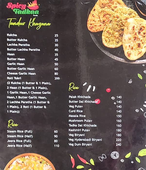 Hotel Spicy Tadkaa menu