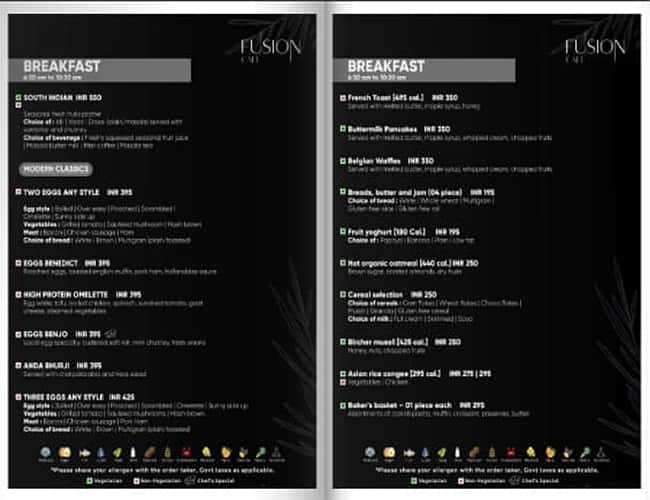 Menu Of Fusion Cafe Radisson Hotel Gulmohar Colony Bhopal 2304