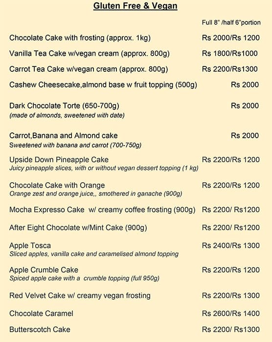 Bombay Bizare Baker menu