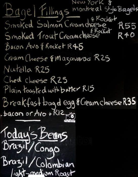 Menu at Bob's Bagel Café cafe, Cape Town