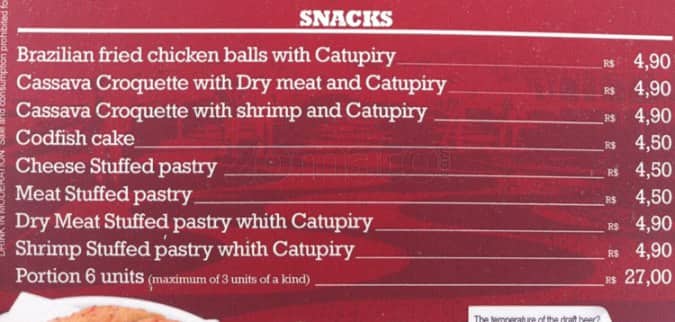 Quiosque Chopp Brahma cardápio