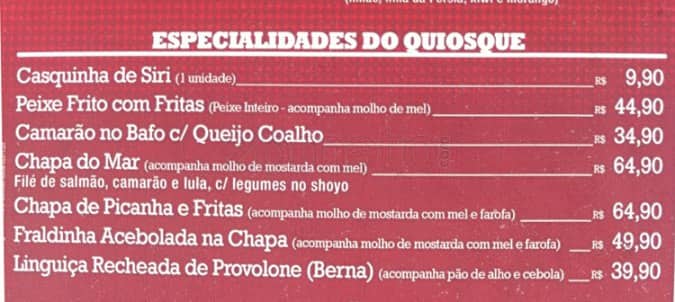 Quiosque Chopp Brahma cardápio