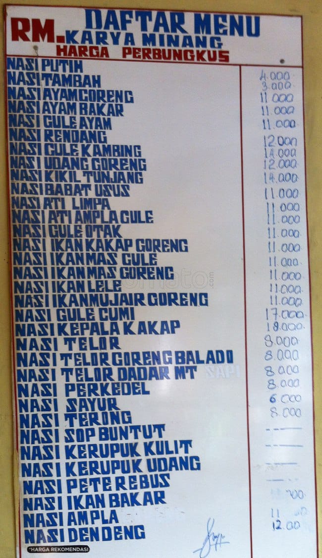 Menu at Restaurant Padang house, West Jakarta, sebelah sandi mas