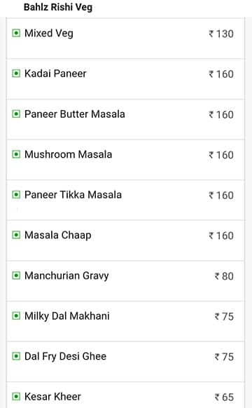 Bahlz Rishi vegetarian Dabha menu