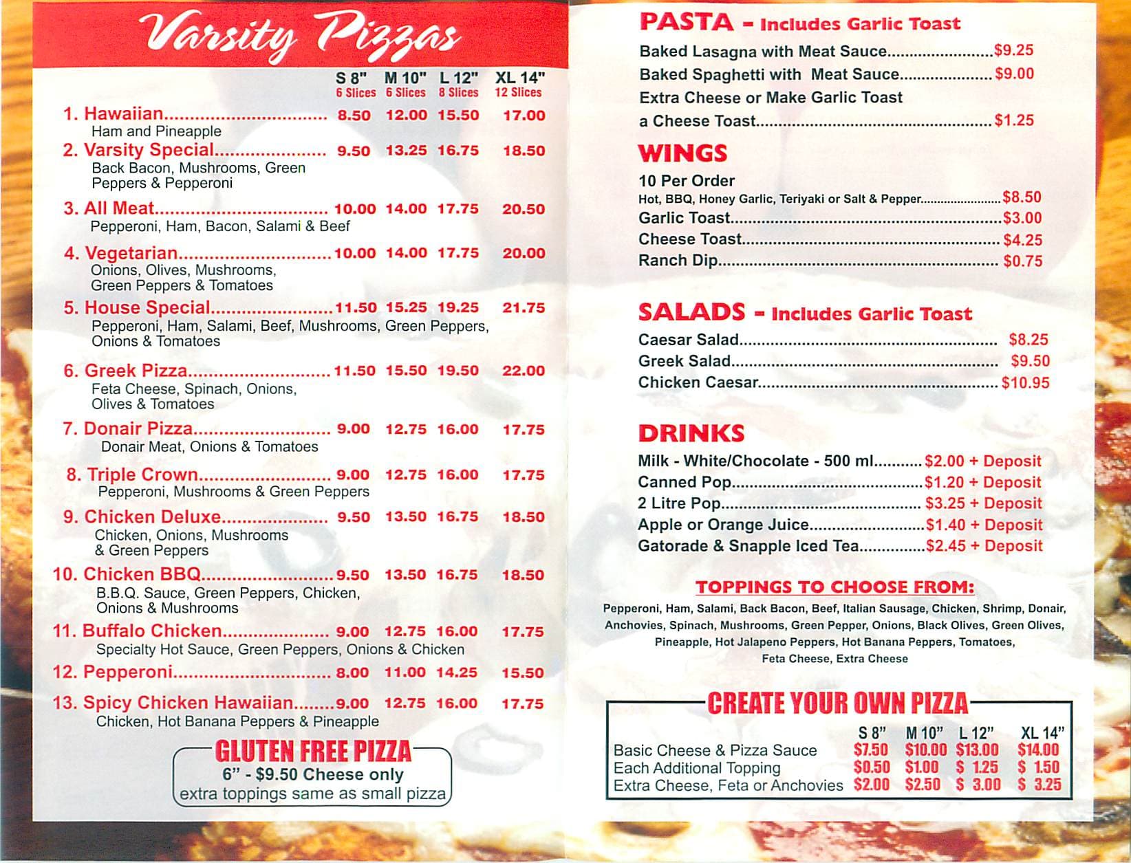 Menu at Varsity Pizza & Subs pizzeria, Calgary, Varsity Dr NW