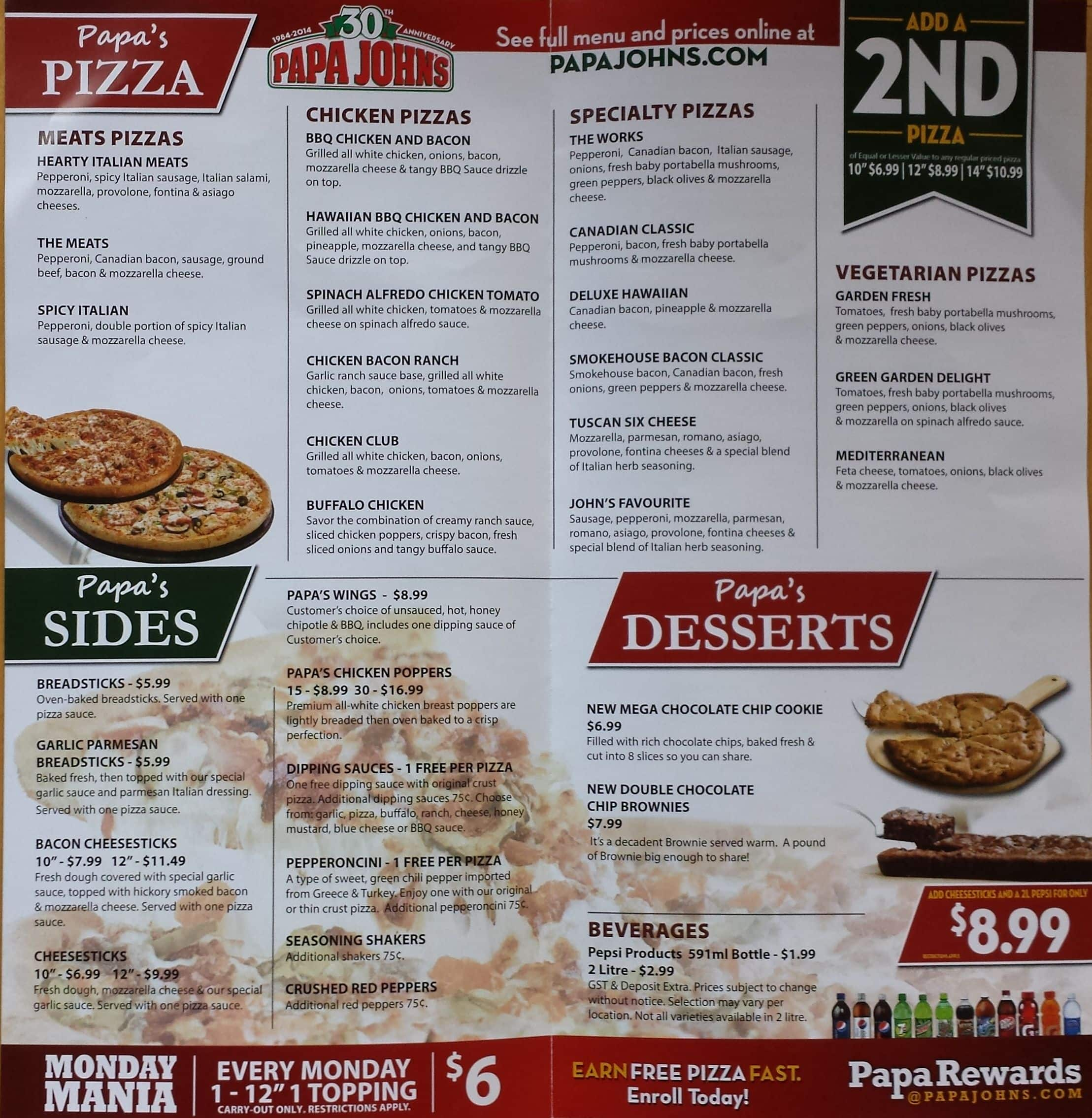 Papa John's Pizza Menu, Menu for Papa John's Pizza, Auburn Bay, Calgary