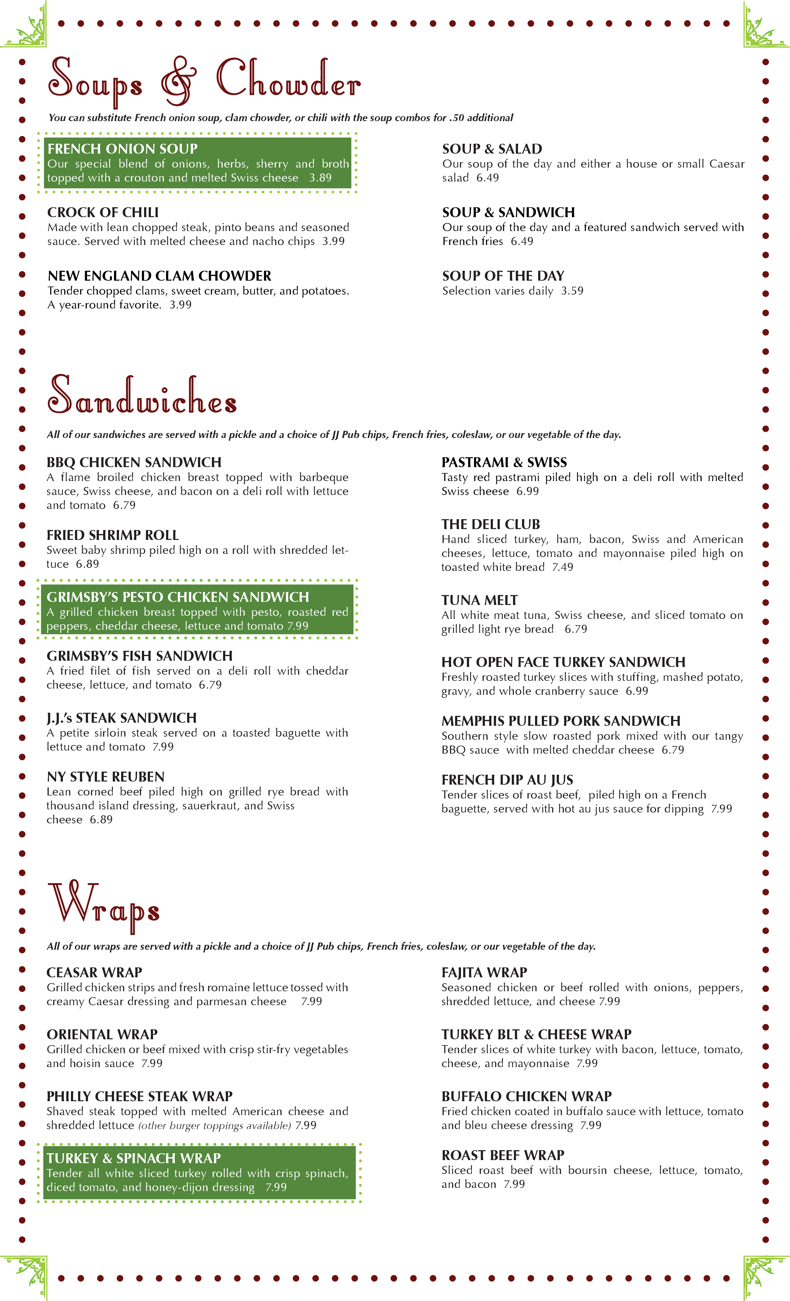 Menu at J J Grimsby pub & bar, Stoneham