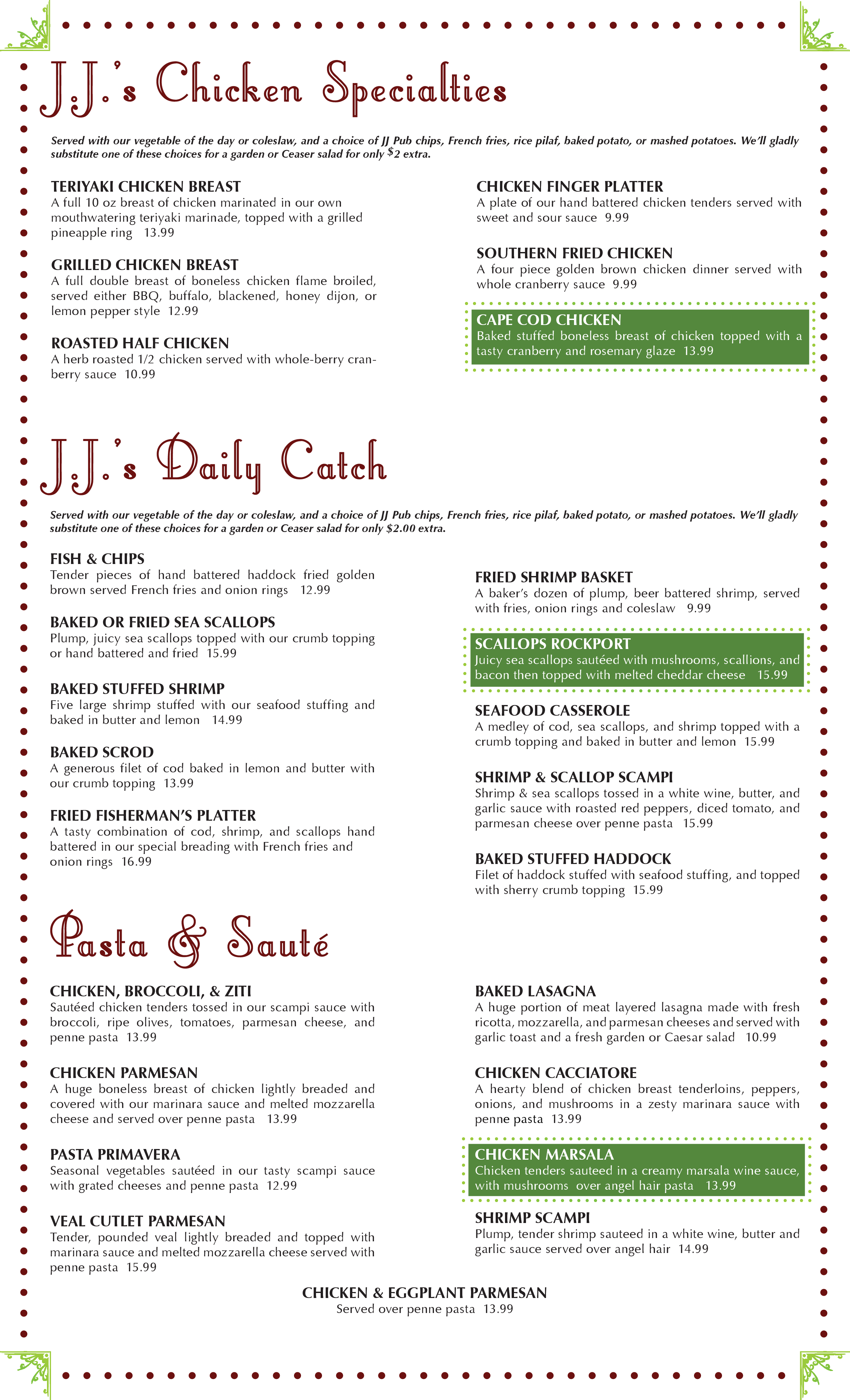 Menu at J J Grimsby pub & bar, Stoneham