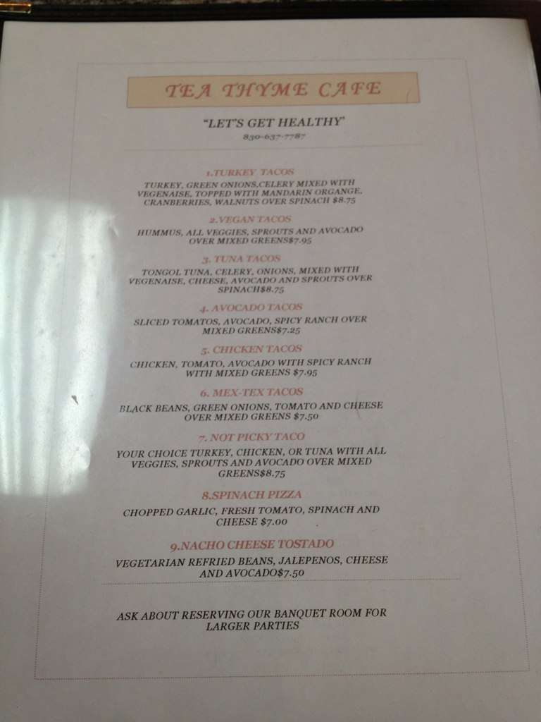 Menu at Tea Thyme Cafe, Marble Falls