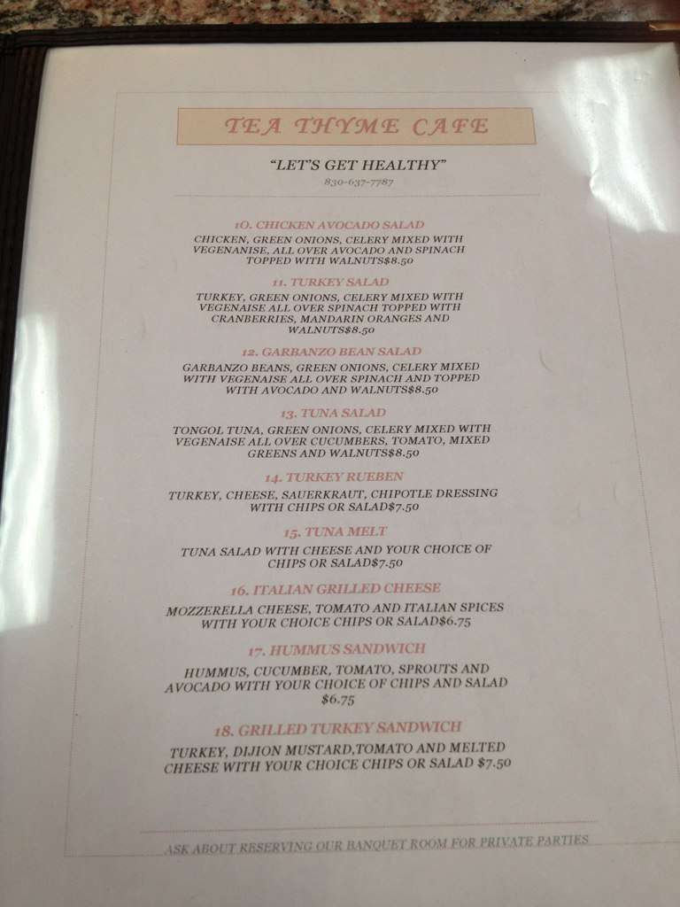 Menu at Tea Thyme Cafe, Marble Falls