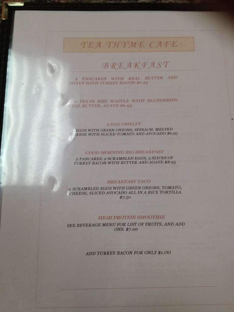 Menu at Tea Thyme Cafe, Marble Falls