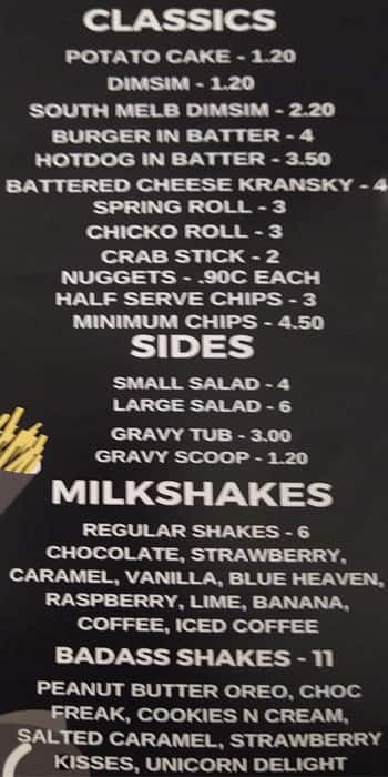 Menu at Badass Burgers, Fish and Chips restaurant, Darley