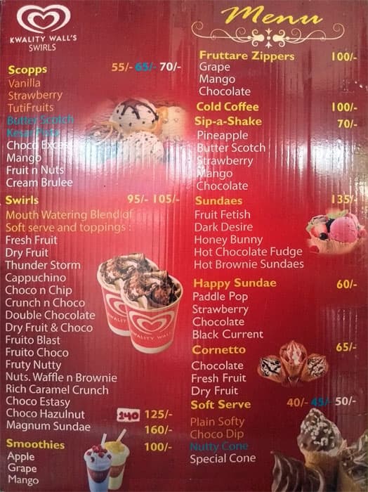 Menu of Kwality Wall’s Frozen Dessert and Ice Cream Shop, CDA Sector 6 ...