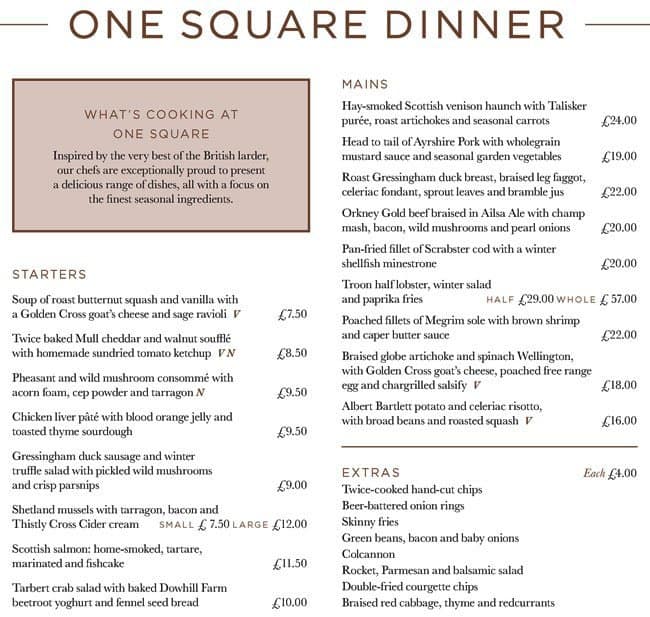 Menu at One Square Restaurant The Sheraton Hotel, Edinburgh