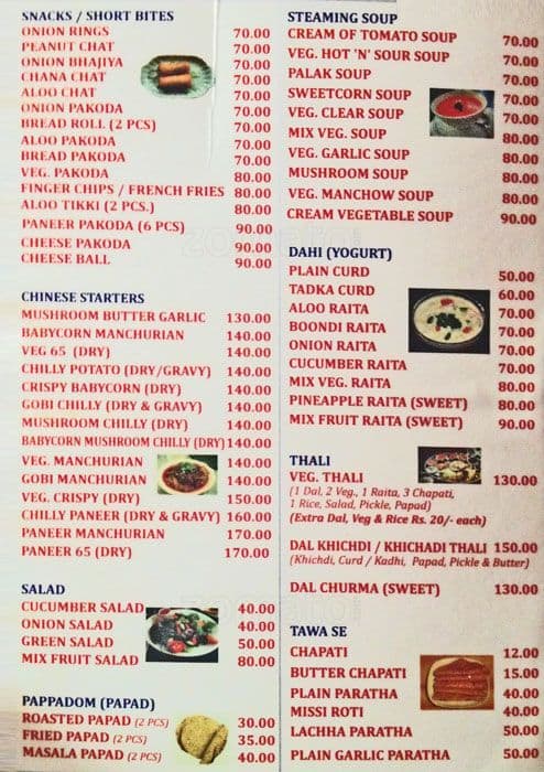Nirvana Cafe menu