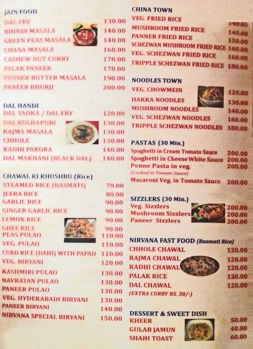 Nirvana Cafe menu