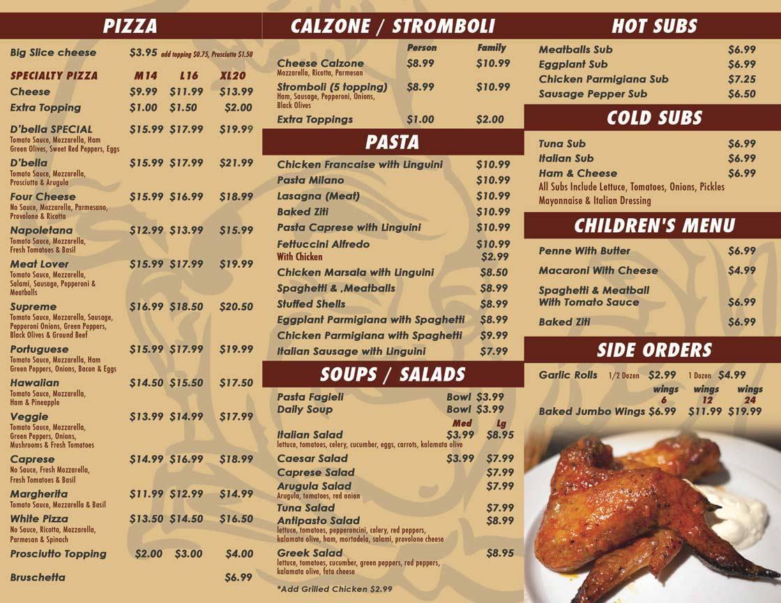 D Bella Pizza Pasta Inc Menu