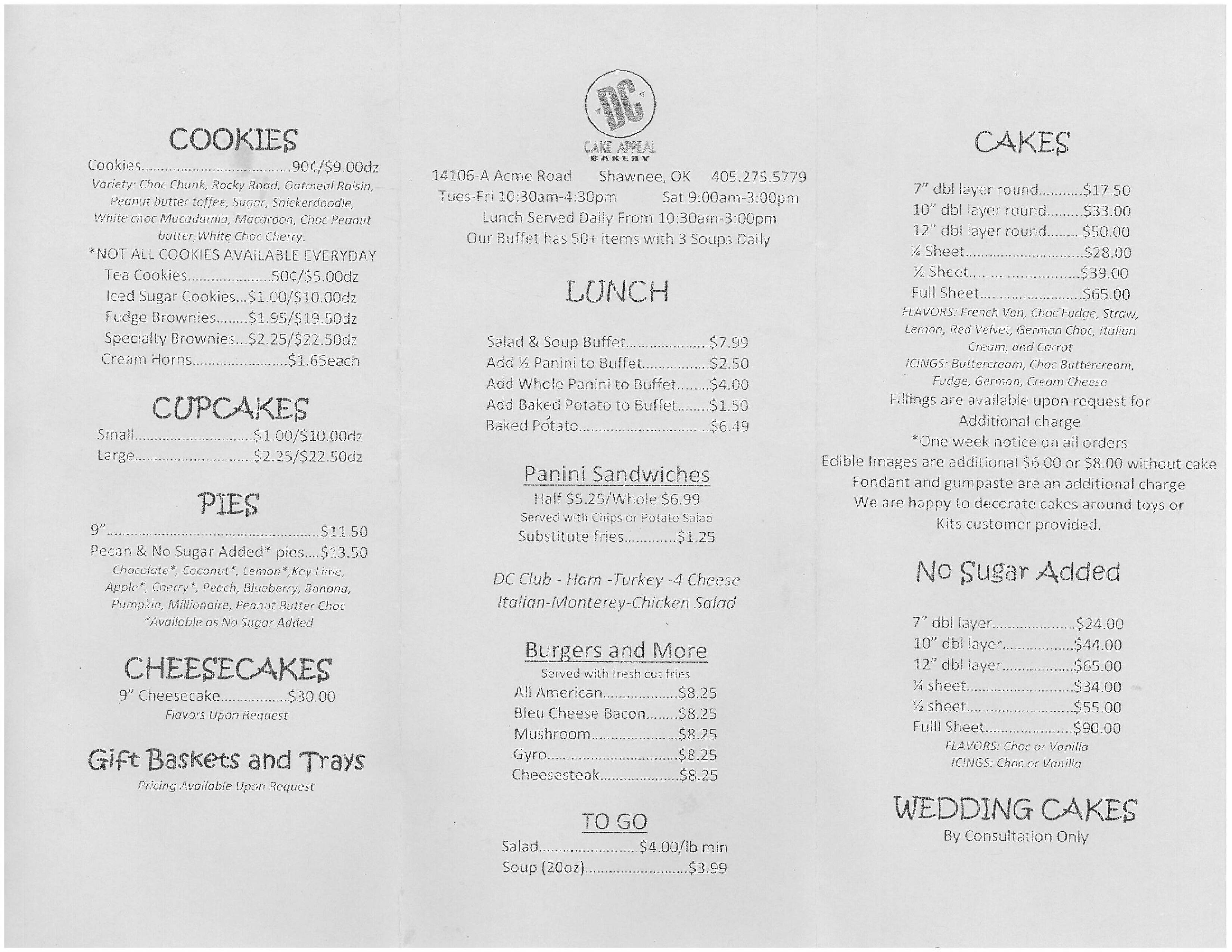DC Cake Appeal Menü, DC Cake Appeal, Shawnee, Oklahoma City için Menü