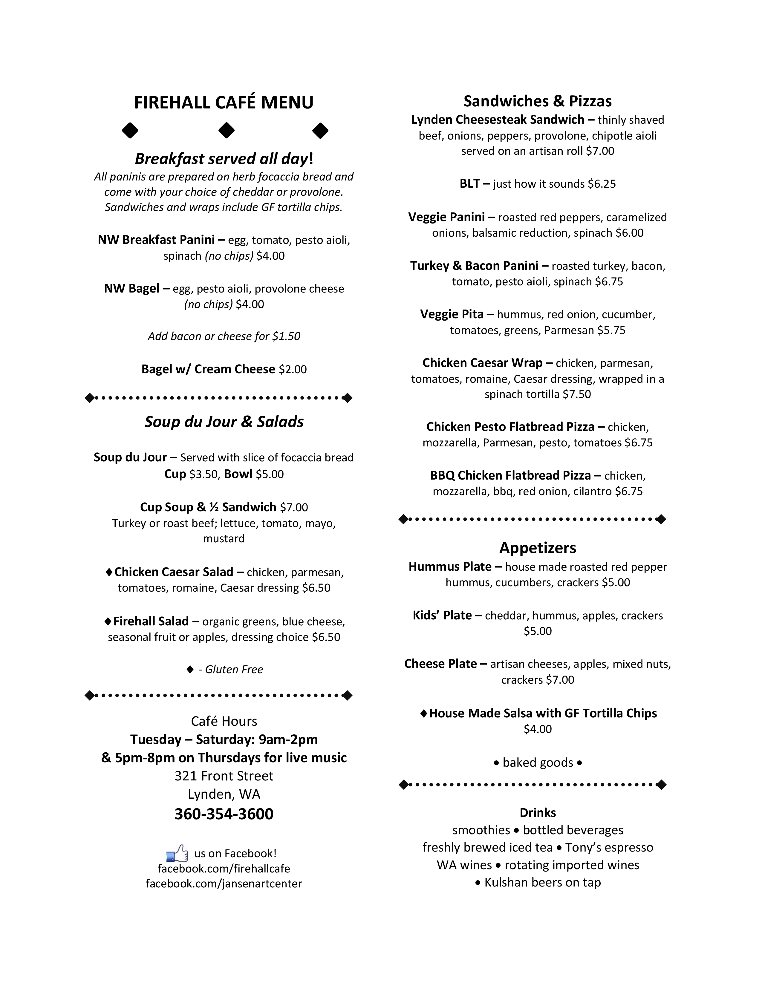 Firehall Cafe Menu, Menu for Firehall Cafe, Lynden, Bellingham