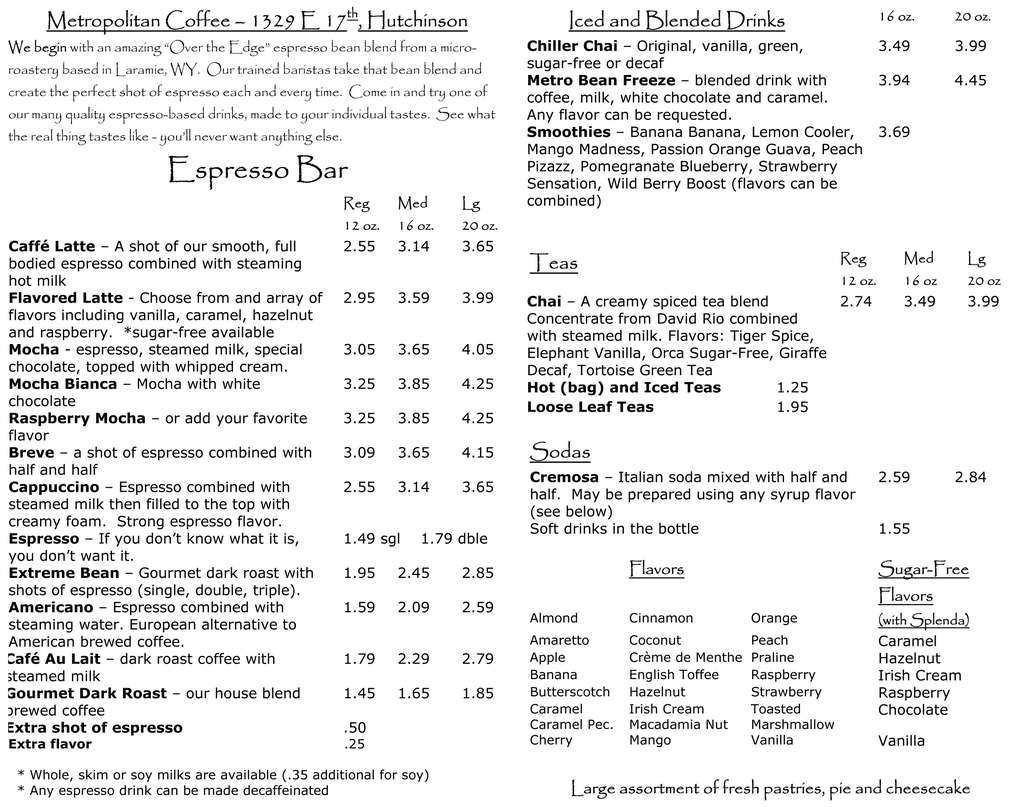 Metropolitan Coffee Menu, Menu for Metropolitan Coffee, Hutchinson
