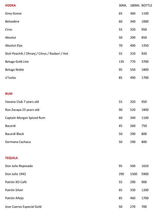 Menu at Jaan at the Penthouse restaurant, Dubai