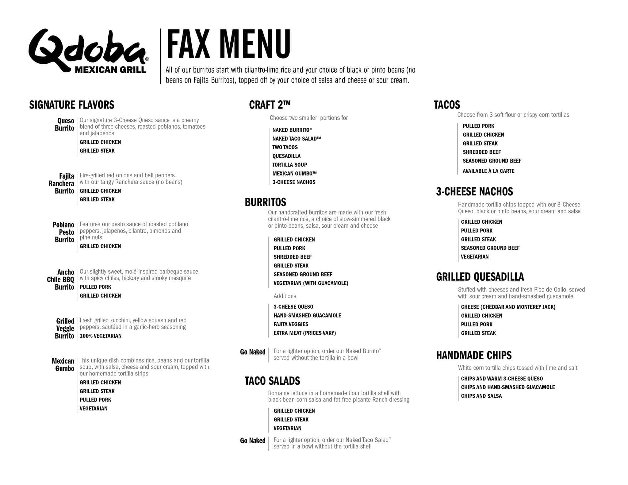 Qdoba Mexican Grill menu, Menu restauracji Qdoba Mexican Grill, Avenues
