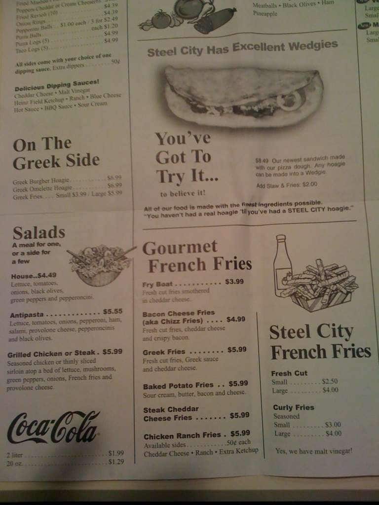 Menu at Steel City Sandwich Co pizzeria, Erie