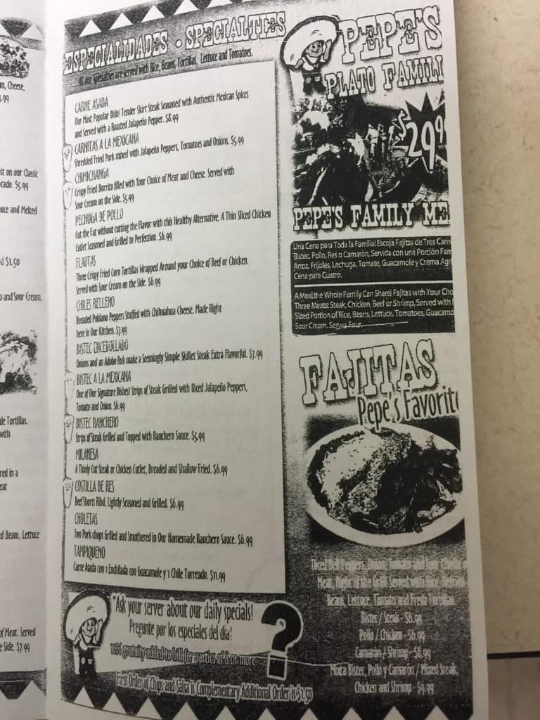 Menu at Pepe's restaurant, Ocala
