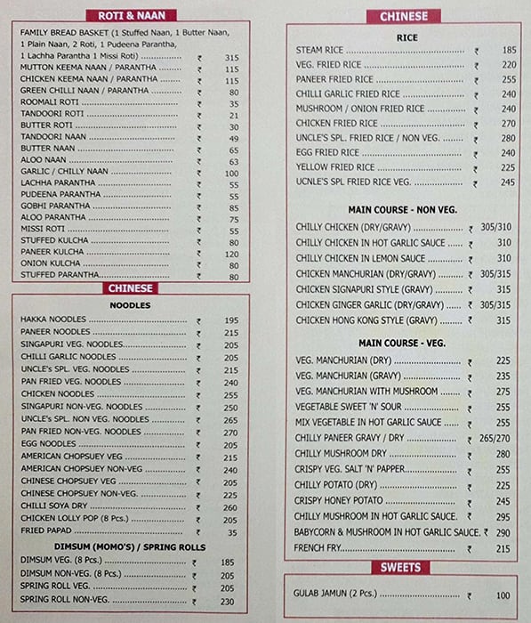 Uncles Family Restaurant menu
