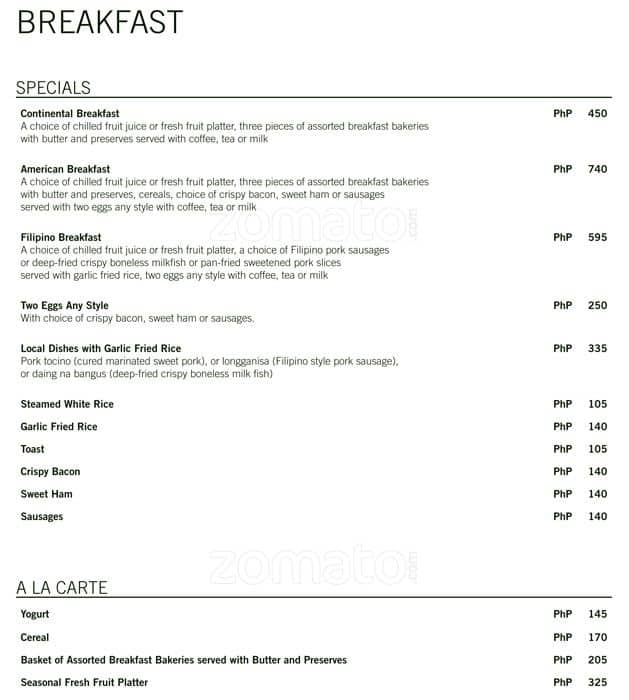 Pacific Lounge Pan Pacific Manila Menu Zomato Philippines