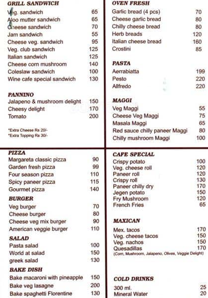 Wine Cafe menu