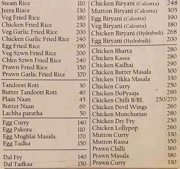 Menu at Khan Uncle's Biryani House, Gangtok