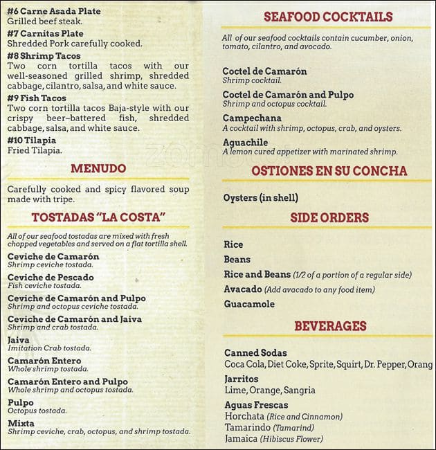 Menu at La Costa restaurant, San Jose, Monterey Rd