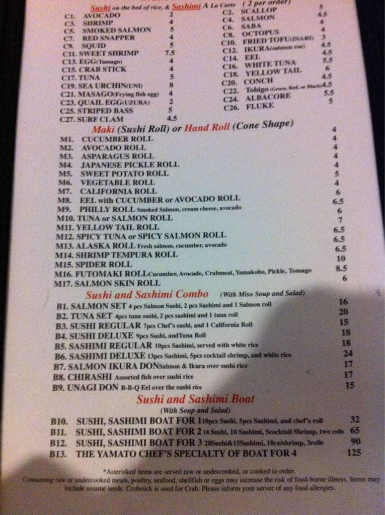 Menu at Yamato restaurant, Tyler
