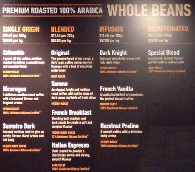 Gloria Jean's Coffees menu