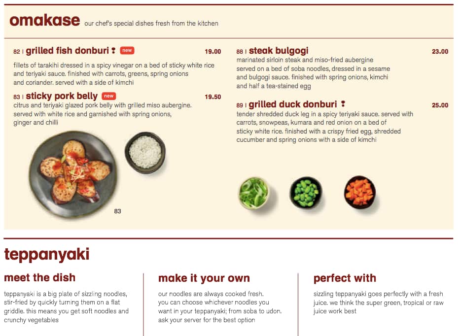 Menu at Wagamama restaurant, Wellington