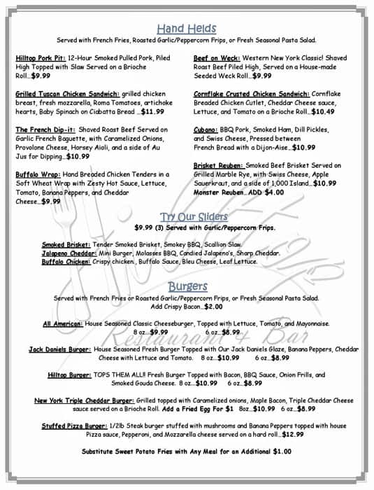 Menu at Hilltop Restaurant & Bar, Lockport