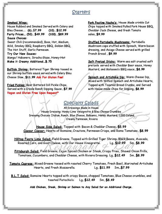 Menu at Hilltop Restaurant & Bar, Lockport