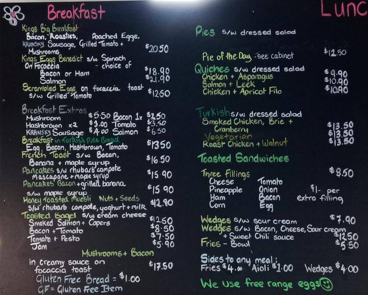 Menu at Kings Garden Cafe Takapuna, Auckland