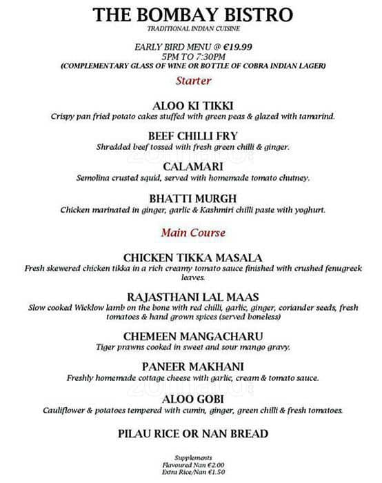 Menu at Bombay Bistro restaurant, Rush