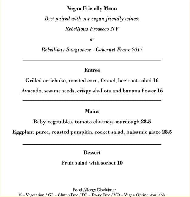 Menu at Riverbank Estate Winery restaurant, Caversham