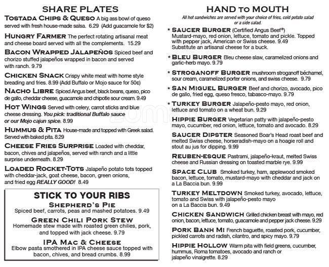 Flying Saucer Menu, Menu for Flying Saucer, Hyde Park, Austin