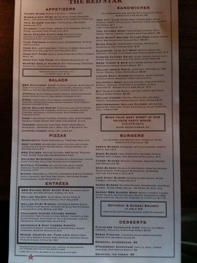Red Star Bar and Grill Menu, Menu untuk Red Star Bar and Grill, Fells