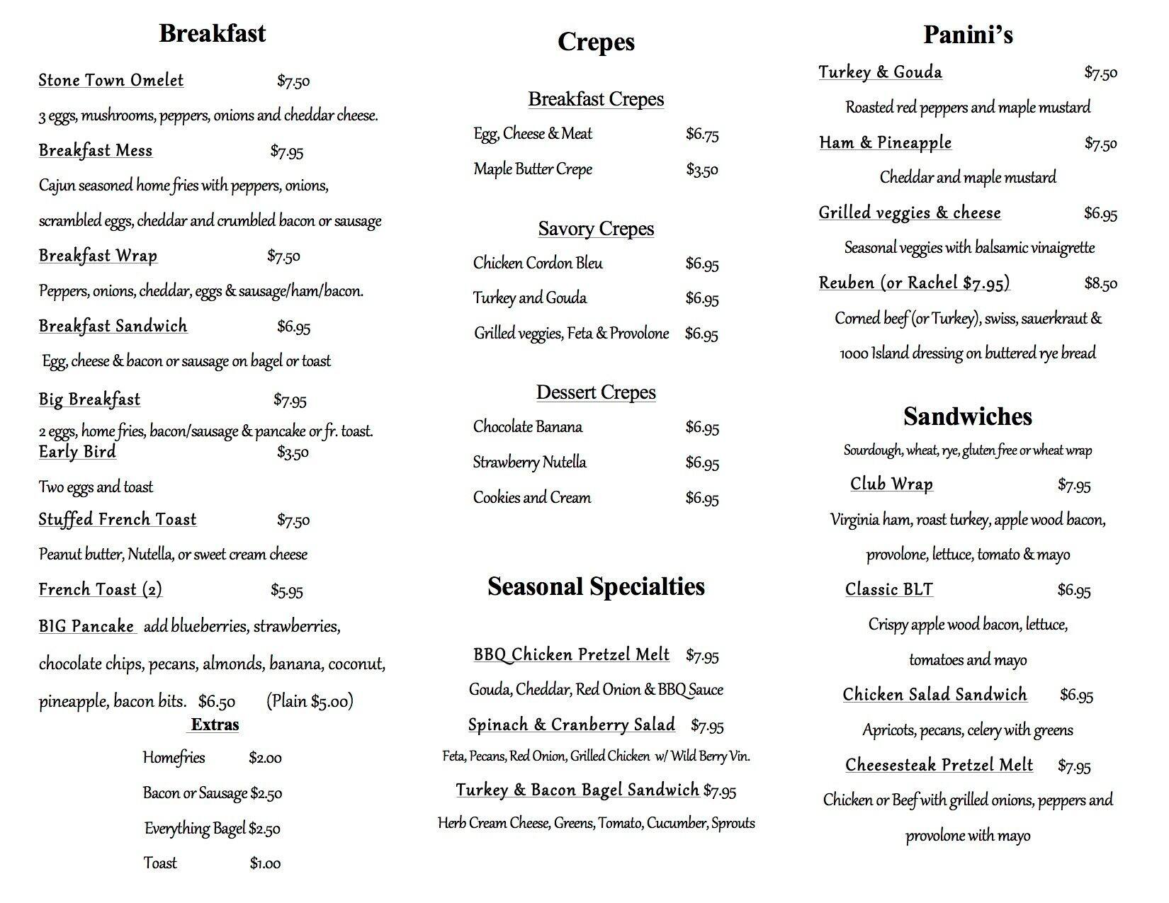 Menu at Stone Town Gallery cafe, Huntingdon