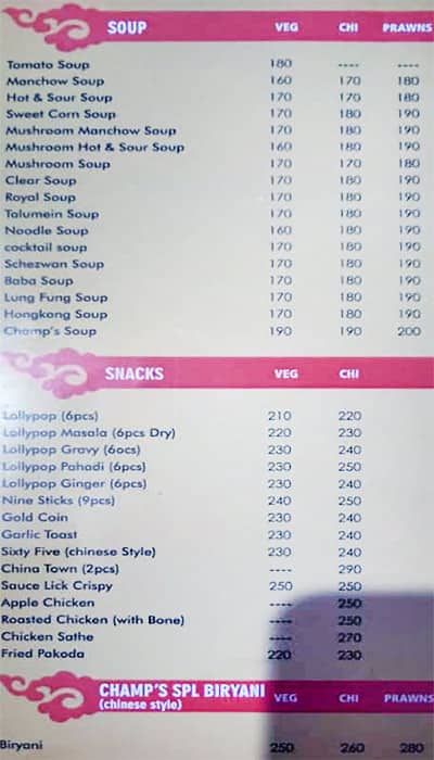 Menu of Champs Chinese & Tandoor Corner, Kalwa, Thane